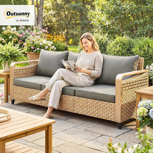Outsunny Outdoor Patio Couch with Wide and Deep Seat, 3 Seater Wicker Outdoor Sofa with Wide Metal Armrests, Patio Furniture Couch with Cushions for Porch, Garden, Backyard, Gray | Removable Covers