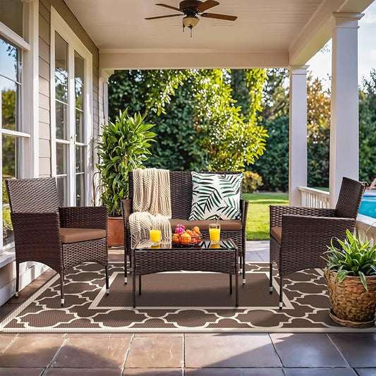 GENIMO 4 ' x 6 ' Outdoor Rug for Patio Clearance, Waterproof Indoor Outdoor Plastic Straw Rugs Carpet, Reversible Outside Area Rv Mat for Camping, Balcony Porch, Deck, Picnic, Beach (Coffee & Beige)