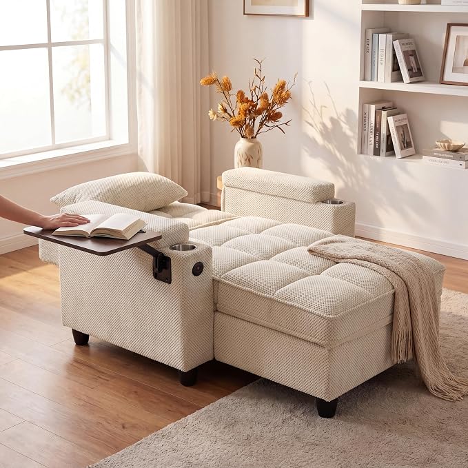 Convertible Sleeper Chair, Pull Out Sofa Bed with Adjustable Backrest & Hidden Storage Armrest, Single Sofa Recliner with USB Charging Port & Cup Holders for Living Room, Bedroom, Beige