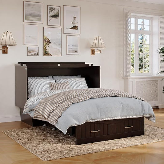AFI, Nantucket Full Size Murphy Bed Chest with Mattress, Built-in Charging Station and Storage Drawer, Full, Espresso