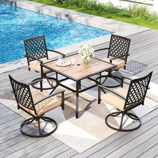 PHI VILLA 5 Pieces Outdoor Dining Set for 4, 37” Square Metal Steel Table with Polywood Tabletop & Swivel Wrought Iron Chairs with Cushions, Outside Furniture Set for Patio, Deck, Yard, Porch