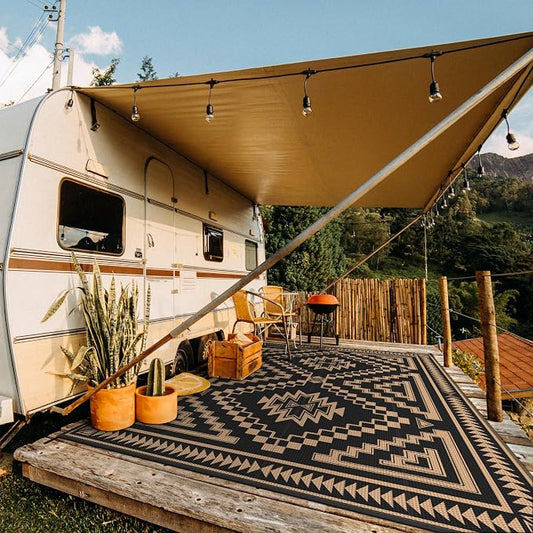 GENIMO Outdoor Rug for Patio Clearance - 10x14 ft Waterproof Plastic Camping Rugs, Reversible Outside Rv Mat Carpet for Porch, Deck, Picnic, Balcony, Beach, Backyard, Black Brown