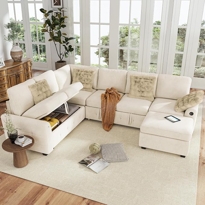 Hanherry Sectional Couch with Pull Out Sofa Bed,Chenille Sleeper Sofa with Storage Ottoman & USB Charging,Comfy L Shaped Modular Couches for Living Room,Apartment