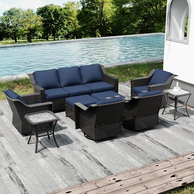 Joyside Wicker Patio Furniture Sets, 9 Pieces Upgraded Large Size Outdoor Furniture with 4 Swivel Rocking Patio Chairs, 3-Seat Sofa, Outdoor Ottoman, Thick Cushions, Wide Armrest, Blue
