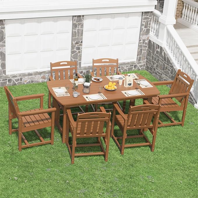 HDPE Outdoor Dining Set, Patio Table and Chairs Set, All-Weather 7-Piece Outside Table and 6 Chairs, 2" Umbrella Hole, Outdoor Furniture for Garden, Poolside, Backyard, Deck | Teak