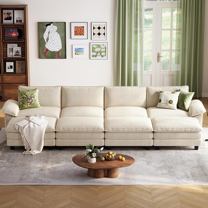 LINSY HOME 157'' Modular Sectional Sofa 4 Seat Couch Corduroy Cloud Couch with Deep Seat, Modern Cloud Couch with 4 Movable Ottoman for Living Room, Office, Bedroom, Beige