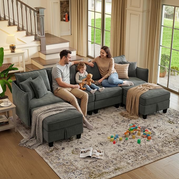 WorthFurni 112" Modular Sectional Sofa U Shape Couches with Storage Ottoman and Washable Cushion Cover for Living Room, Bedroom, Apartment(Grey)