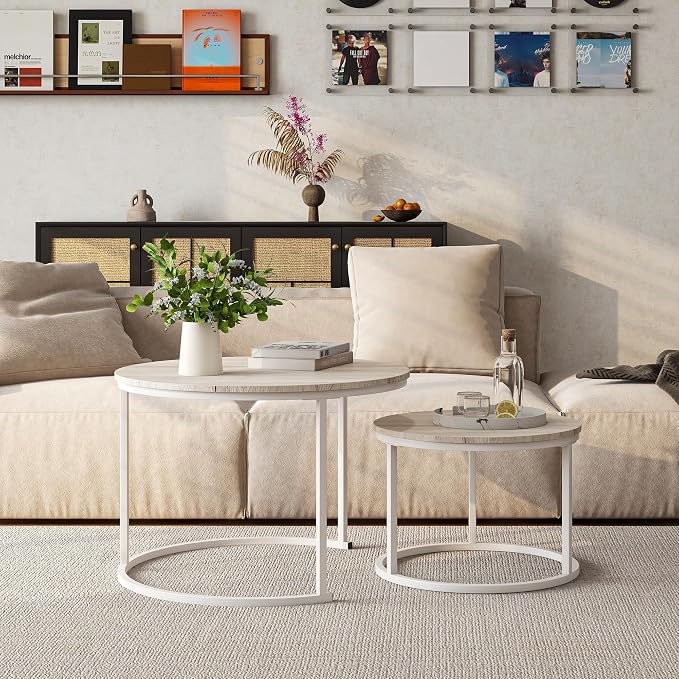 HOJINLINERO Round Coffee Table,Nesting Coffee Table Set of 2,Center Tables for Living Room,Office, Home Small Space,Stacking Side Tables,Sturdy and Easy Assembly,Wood Desktop,Oak+White,Large