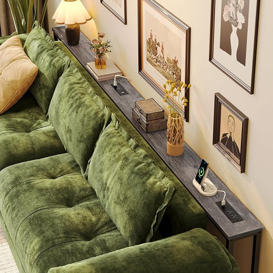 Huuger 110.2 Inch Sofa Table with Power Outlets, 23.9’’-34.4’’ Height Adjustable Range, Behind Couch Table with USB-C Ports, Sofa Tables Narrow Long, Skinny Console Table, for Small Spaces, Grey