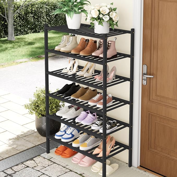 Smiry Bamboo Shoe Rack, 6 Tier Free Standing Wooden Shoe Organizer, Stackable Wood Shoe Storage Shelf for Closet, Entryway, 14 Vertical Slats, 2+2+2 Stack Heavy-Duty Legs, 26.8"x11"x39", Black