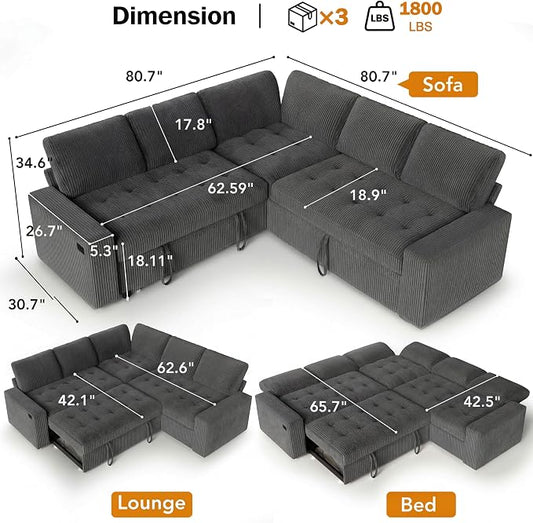 Sunny Heart Modular Sectional Sleeper Sofa with Pull Out Bed, Corduroy L Shaped Sectional Sofa with USB Ports/Adjustable Backrest/Storage Seats, Tool-Free Assembly, Couches for Living Room Dark Grey