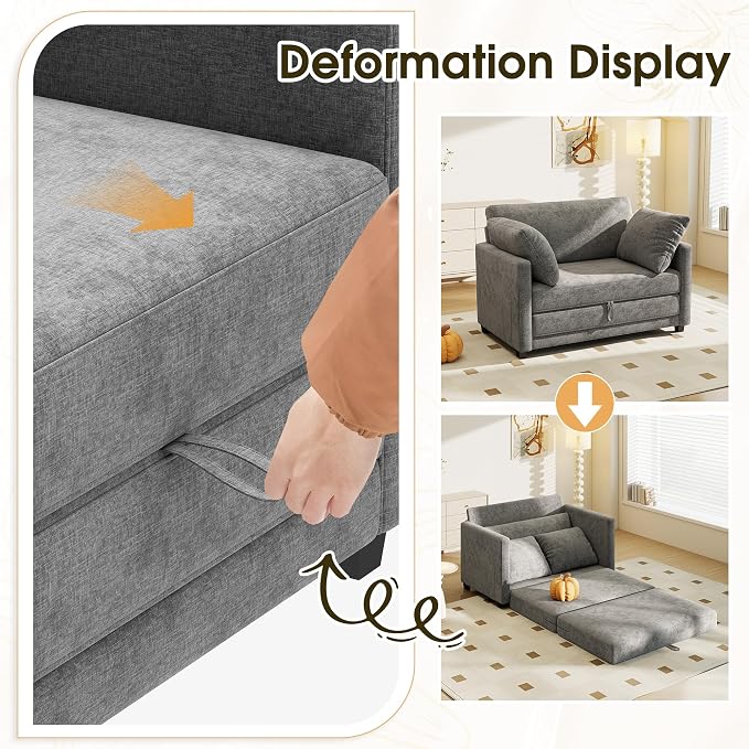 Myroyalsit 51" Convertible Sofa Bed, 2 in1 Folding Sofa Bed, Loveseat Sleeper Sofa for Small Spaces, Fold Out Floor Couch with 2 Pillows for Apartment, Living Room & Guest Room, Grey Chenille Fabric