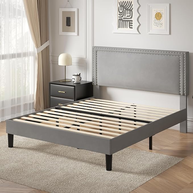 VECELO Full Size Platform Bed Frame with Height Adjustable Upholstered Headboard, Modern Mattress Foundation,Strong Wood Slat Support, No Box Spring Needed, Easy Assembly,Light Grey