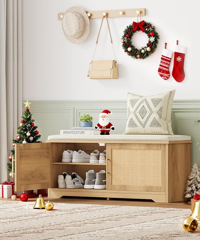Rattan Shoe Storage Bench with Cushion, 39.4" Wide Entryway Bench with Adjustable Shelf, Hidden Shoe Organizer Cabinet, for Hallway, Living Room, Bedroom, Natural Oak