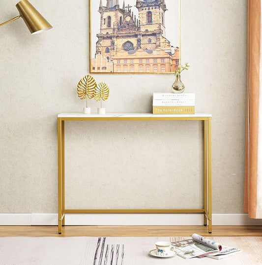 loglus Small Console Table for Entryway, Faux Marble MDF Sofa Table with Golden Frame, Single Layer, White Marble, 9.45" D x 38.19" W x 30" H