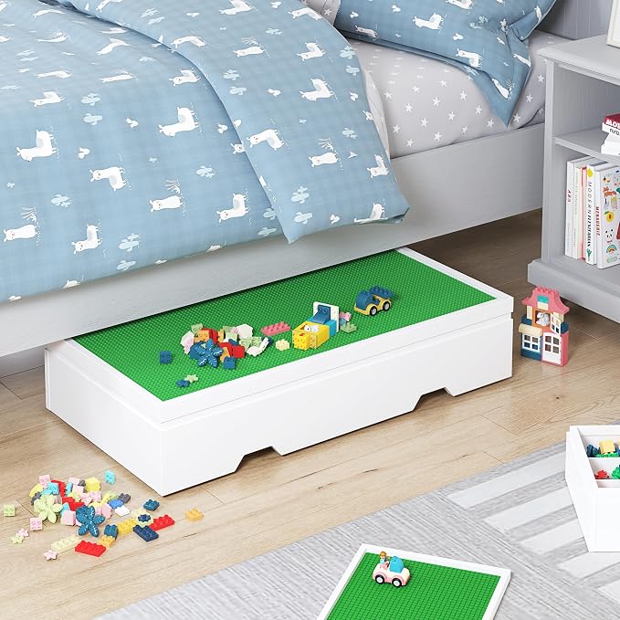 UTEX 3 in 1 Construction Play Table Compatible with Lego, Rolling Kids Activity Train Table with Storage and Wheels, Reversible Top Store Under Beds or Sofas