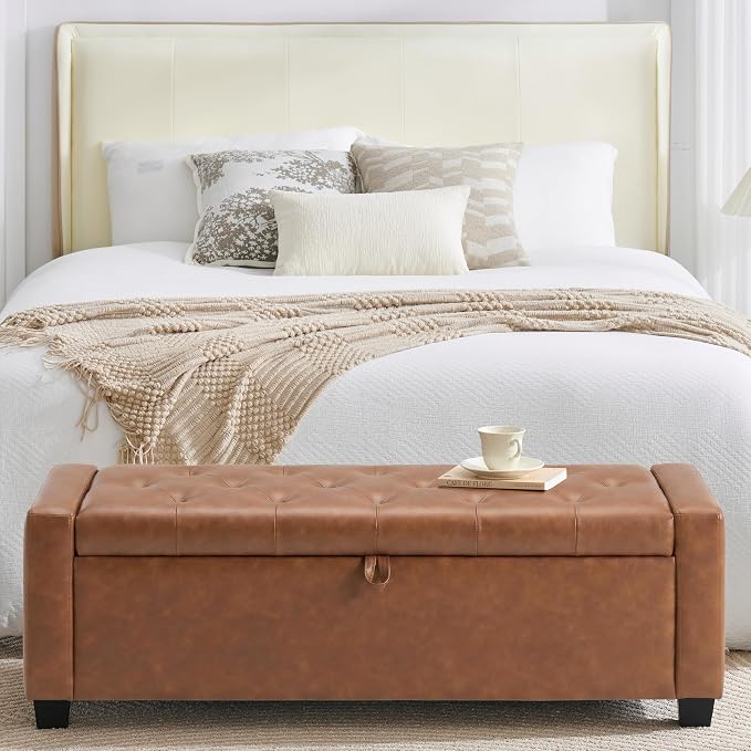 Huatean Home 48" Ottoman with Storage, Storage Ottoman Bench with Safety Hinge, Upholstered Entryway Bench with Seating for Bedroom, Living Room, Holds up to 330 lb, Brown