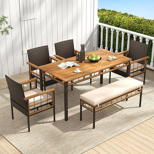 Tangkula 6 Pieces Patio Dining Table Set, Outdoor Rectangular Acacia Wood Table with 1.97” Umbrella Hole & Cushioned Backless Bench & 4 Armchairs, for Garden, Deck, Yard