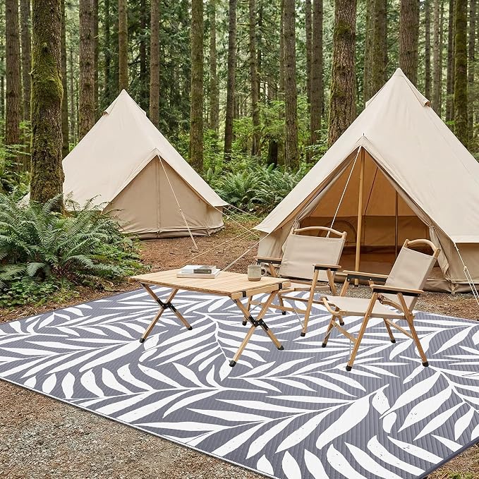 Smiry Outdoor Rug 9x12 ft, Waterproof Reversible Plastic Straw Rugs, Outdoor Area Rug with Leaf Pattern, Outside Floor Mat for Patio, Backyard, Deck, Picnic, Beach, Camping, Grey & White
