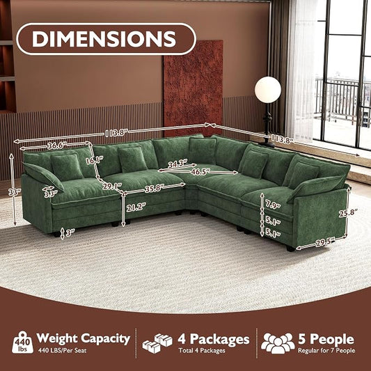 Ihanherry 114" V-Shaped Modern Sofa Modular Sectional Cloud Couch with Corner Section, 5-Seat Chenille Deep Seat Sofa with 5 Pillows for Living Room, Bedroom and Apartment, Green