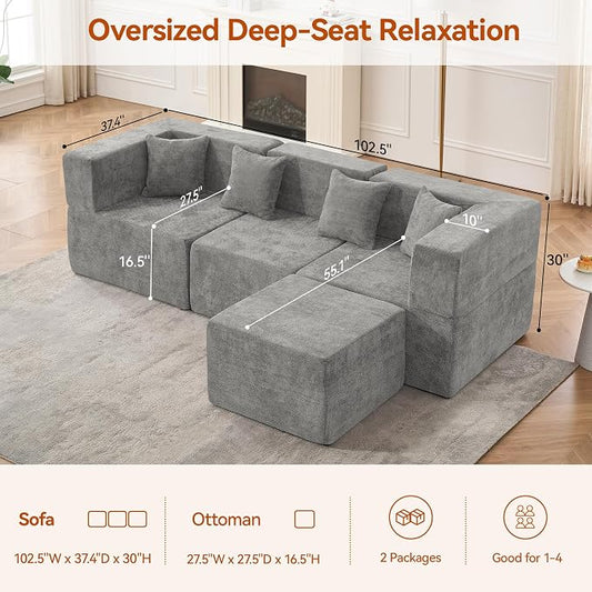 MONVANE 103'' Modular Sectional Sofa, Cloud Sectional Couch with Ottoman, Convertible Chenille L Shaped Couch with Deep Seat, Sectional Couches for Living Room, No Assembly Required, Light Grey