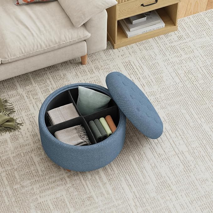 25Inch Round Ottoman with Storage, Tufted Fabric Modern Circle Ottoman with Reversible Tray Lid and Wood Legs, Multi-Functional Small Coffee Table for Living Room, Bedroom, Blue