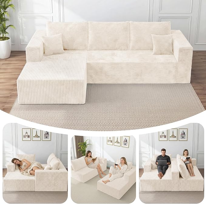 92.5" L-Shaped Sectional Boneless Couches with Chaise, Comfy Modular Corduroy Fluffy Couch with Deep Seat, 3 Seater Cloud Sofa for Apartment Flexible Module Combination for Living Room, No Assembly