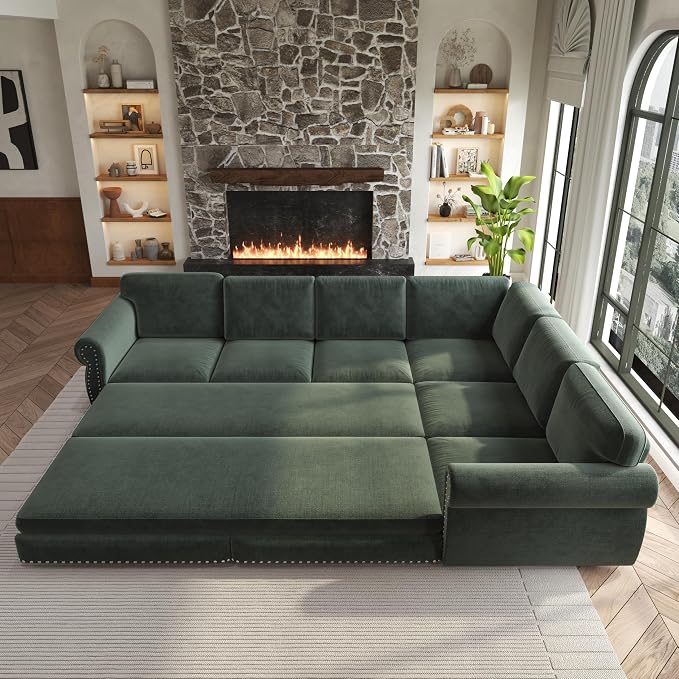 118" L-Shaped Sleeper Couch Bed - Oversize Convertible with Pull-Out Sofa Bed, Button Tufted Chesterfield Sofa, Chenille Sectional Vintage Couches for Living Room/Apartment(6-Seater, Green) | Oversize Convertible