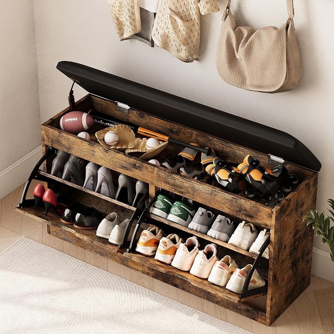 40" Shoe Storage Bench with 2 Flip Drawers & Padded Seat Cushion, Shoe Cabinet with Lift Top Storage Box, Shoe Bench Shoe Organizer for Entryway, Hallway, Living Room, Vintage Brown