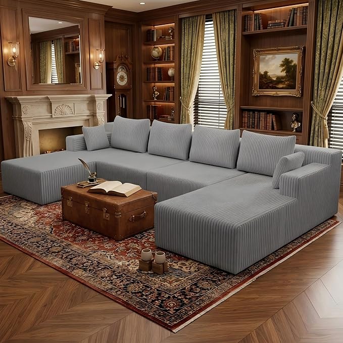 142" Oversized Cloud Modular Sectional Sofa Boneless Couches with Double Chaise Lounge and Deep Seat, Fluffy Corduroy Upholstered Compressed Lounge Sofa & Couches for Living Room