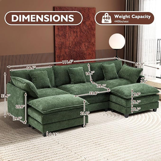 Ihanherry 111.4" U Shaped Modern Sofa Modular Sectional Cloud Couch with 2 Ottoman, 5-Seat Chenille Deep Seat Sofa with Pillow for Living Room, Bedroom and Apartment, Green