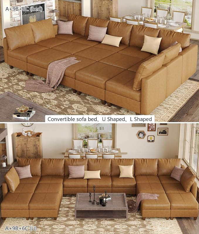 EASE MOOSE Modular Sectional Sofa Sleeper Couch with Storage, Faux Leather Sectional Large Moduar Sleeper Sofa Modular Couch for Living Room