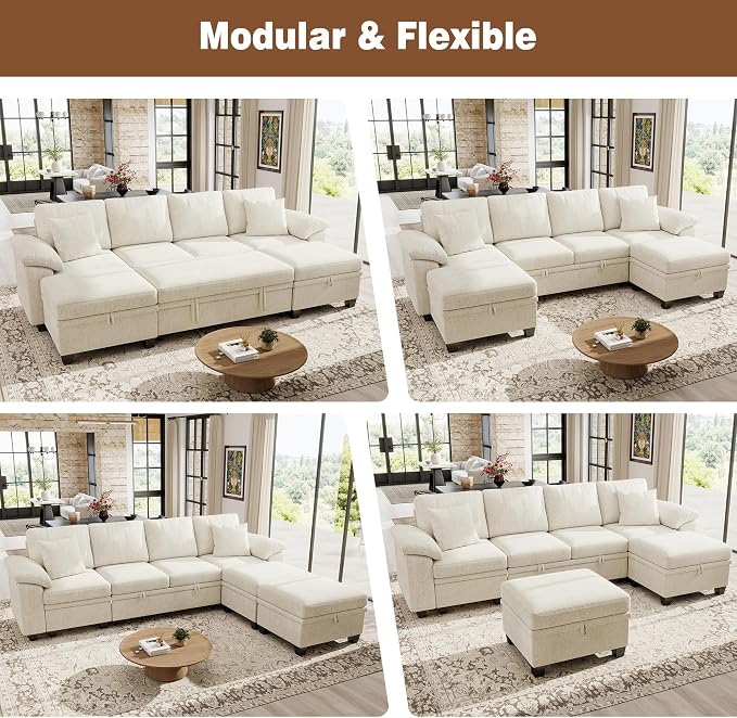 Ihanherry 108" Modular Sectional Sofa with Pull Out Bed, 6-Seater U Shaped Sectional Sleeper Couch with Storage Ottoman, Chenille Convertible Couches for Living Room, Apartment (Beige)