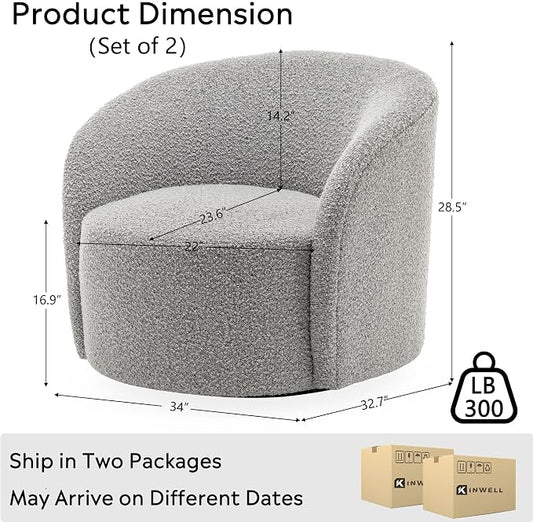 KINWELL 34" W Swivel Barrel Chair Set of 2, Mid Century Modern Round Upholstered Boucle Swivel Accent Chairs, No Assembly Sofa Chair for Living Room Bedroom Reading, Black White