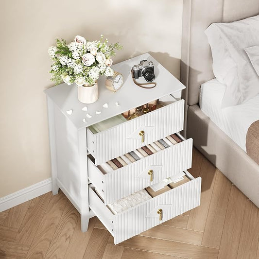 GarveeHome 2Pcs Wood Nightstand Fluted Dresser for Bedroom, 27.5" Wide 3-Drawer Bedside Tables, Modern Chest of Drawers, Storage End Table Living Room, Hallway, Entryway, White