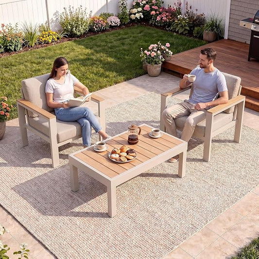 3-Piece Balcony Patio Furniture Set, Aluminum Outdoor Chair Set with 2 Single Patio Chairs & Coffee Table, 1.5mm Thick Rustproof Frame, Waterproof Removable Cushions for Small Balcony Front Porch