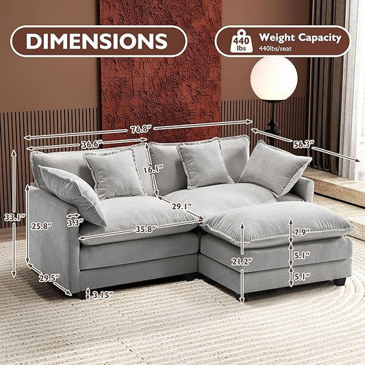 Ihanherry 77" L Shaped Modern Sofa Modular Sectional Cloud Couch with Ottoman, 3-Seat Chenille Deep Seat Sofa with Pillow for Living Room, Bedroom and Apartment, Grey