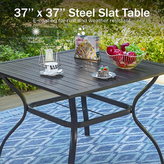 PHI VILLA 5 Pieces Outdoor Dining Set for 4, 37” Black Square Metal Table with Umbrella Hole & Stackable Wrought Iron Chairs, Outdoor Table and Chairs for Patio, Deck, Yard, Porch