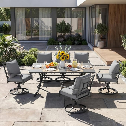 Grand patio 7-Piece Patio Dining Set for 6, E-Coated Outdoor Dining Set Swivel Patio Dining Chairs with Olefin Cushions & 1 Black Rectangular Faux Woodgrain Dining Table with 1.5”Market Umbrella Hole