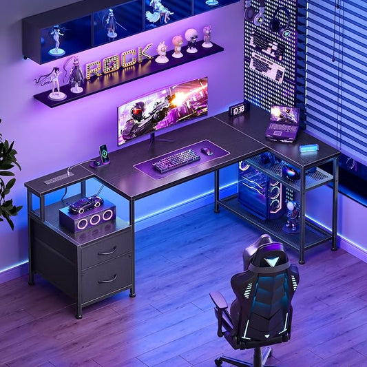 Korfile 57 Inch L Shaped Gaming Desk with Power Outlets and Type-C Port, Reversible Computer Office Desk with 2 Fabric Drawers & Mesh Shelves, Corner Desk for Study Work Writing Desk, Black