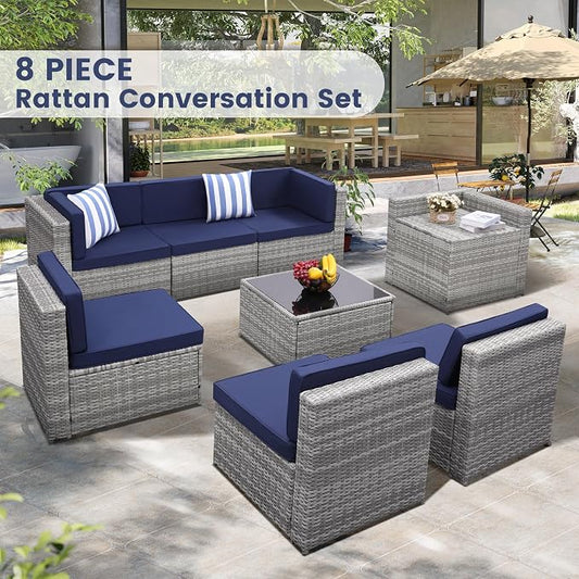 KROFEM 8-Piece Patio Furniture Set, Outdoor Wicker Rattan Sectional with Thick Cushions, Glass Top Table with Hidden Storage, Outdoor Conversation Set for Backyard, Porch, Patio, Blue