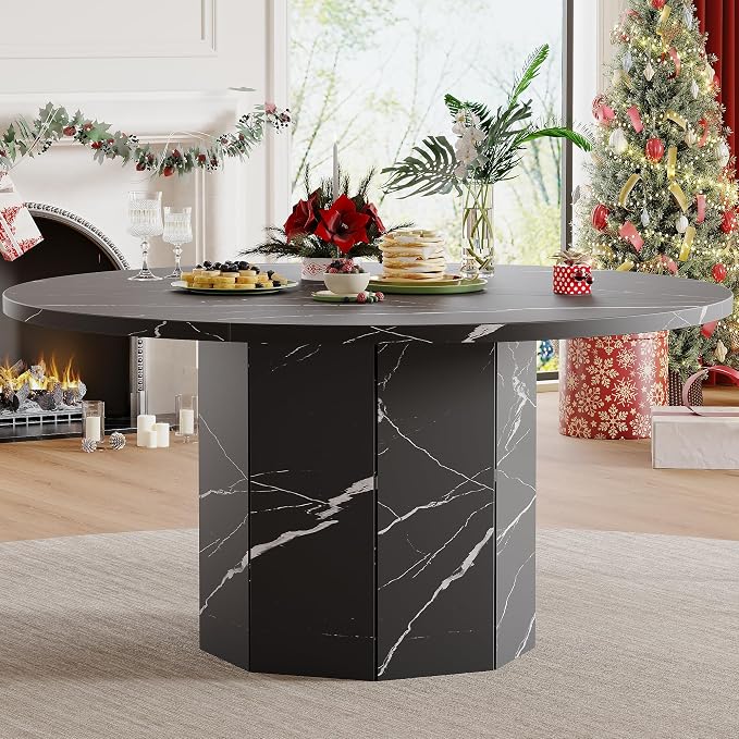 HSH Round Dining Table for 4-6 People, 47” Black Faux Marble Kitchen Table only, Modern Wooden Dinner Table for Living Dining Room with Octagon Base, Black Faux Marble, 47 Inch