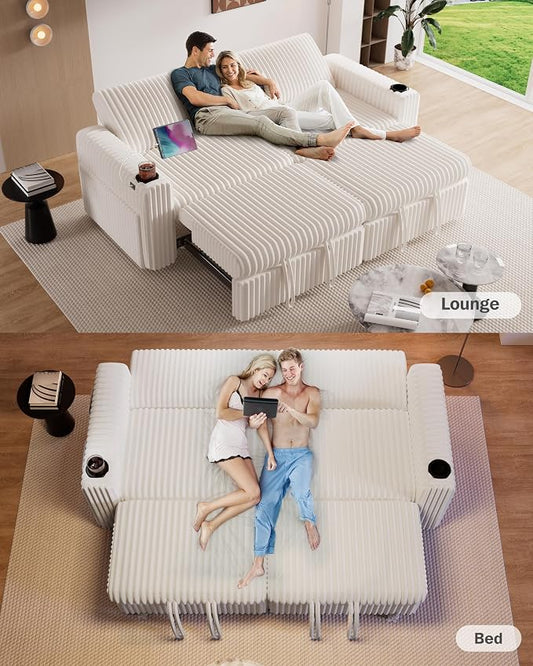 Sunny Heart 91" Plush Corduroy L Shaped Sectional Sleeper Sofa Bed with Pull Out Bed, Reclining Backrest, Reversible Storage Chaise, USB Ports, Cup Holders, Tool Free Assembly, Beige