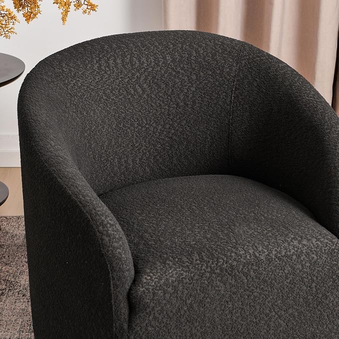 KINWELL 32" Wide Modern Boucle Swivel Barrel Chair, No Assembly Round Upholstered Swivel Accent Armchair for Living Room, Bedroom, Office (Black)