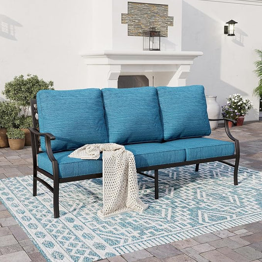 SUNSHINE VALLEY Metal Patio Furniture Sofa with 5.75" Extra Thick Waterproof Cushion, 3-Seater Deep Seating & High-Back Outdoor Couch All Weather Outdoor Seating for Backyard Deck Front Porch, Blue-2