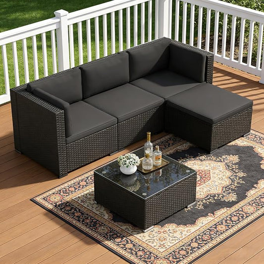 SUNCROWN 5-Piece Outdoor Patio Furniture Set, All-Weather PE Rattan Sectional Sofa with Ottoman, Glass Coffee Table & Cushions, Modular Wicker Conversation Set for Backyard, Garden, Porch, Dark Grey