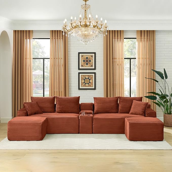 127" U-Shaped Cloud Sectional Couch Oversized Modular Compressed Boneless Sectional Sofa with Ottoman Chaise Lounges & Console, Plush Corduroy Boneless Symmetrical Sofa