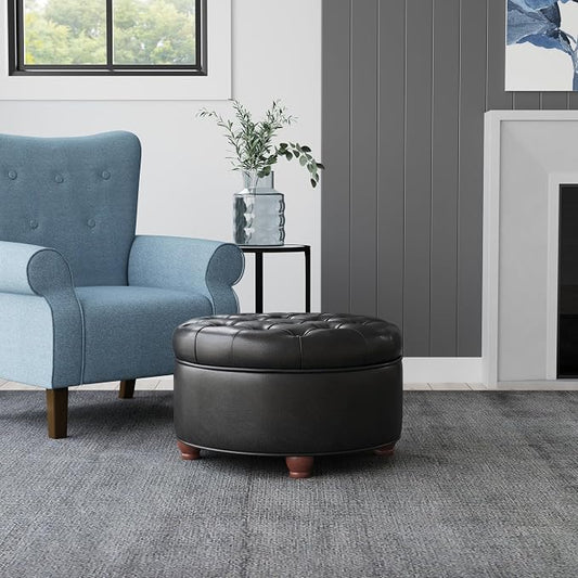 HomePop 25" Button Tufted Round Storage Ottoman - Black Faux Leather