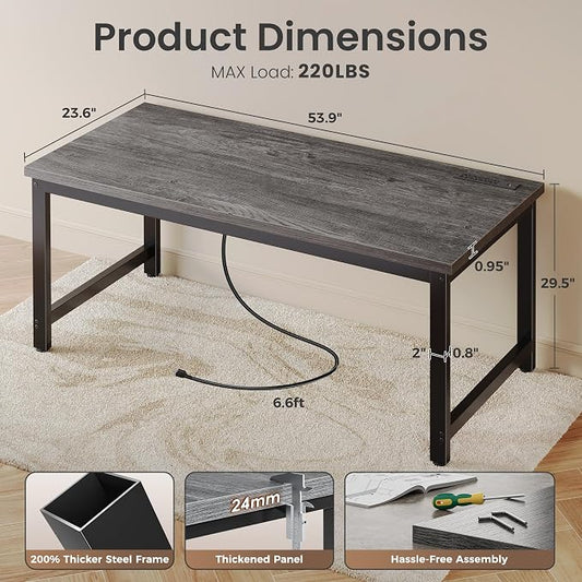 Huuger 55 x 24 inch Desk with Power Outlets & USB-C, Deeper & Thicker Desktop, Robust Metal Tubes, Computer Desk, Heavy Duty Office Desk, Work Gaming Desk for Home Office, Grey