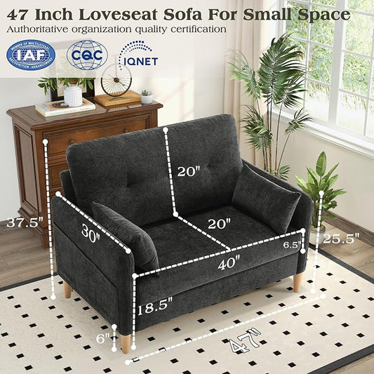 Hanherry Loveseat Sofa, 47” Small Couch for Living Room, Comfy Chenille Fabric Love Seat for Bedroom with Throw Pillow,Removable Cushion Cover,Couches for Small Space,Apartment,Dorm